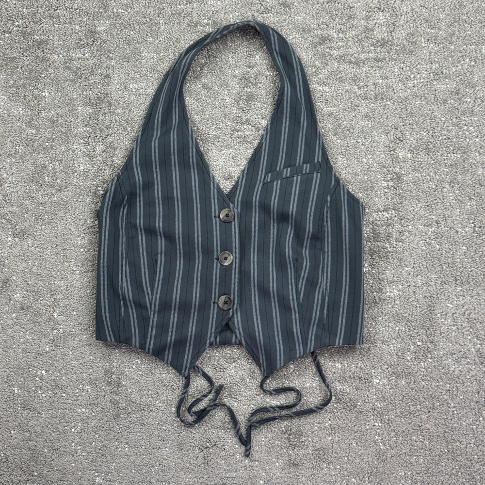 Free People Gray Pinstripe Halter Vest Corset Lace Up Back Top Women's S